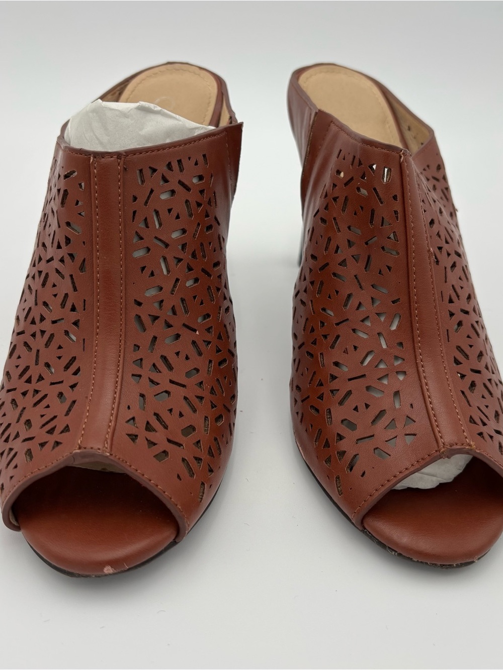 Cato Cognac Brown Laser Cut Out Mule Sandals Womens 9M Open Toe Slide Heels